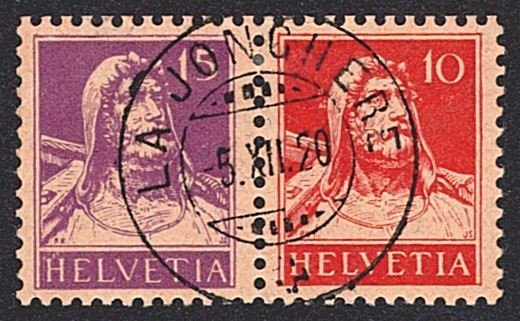 Schweiz, Zusammenhängende Werte, Nr.Z1, 15+10Rp.violett/rot, zentrisch gestempelt LA JONCHERE