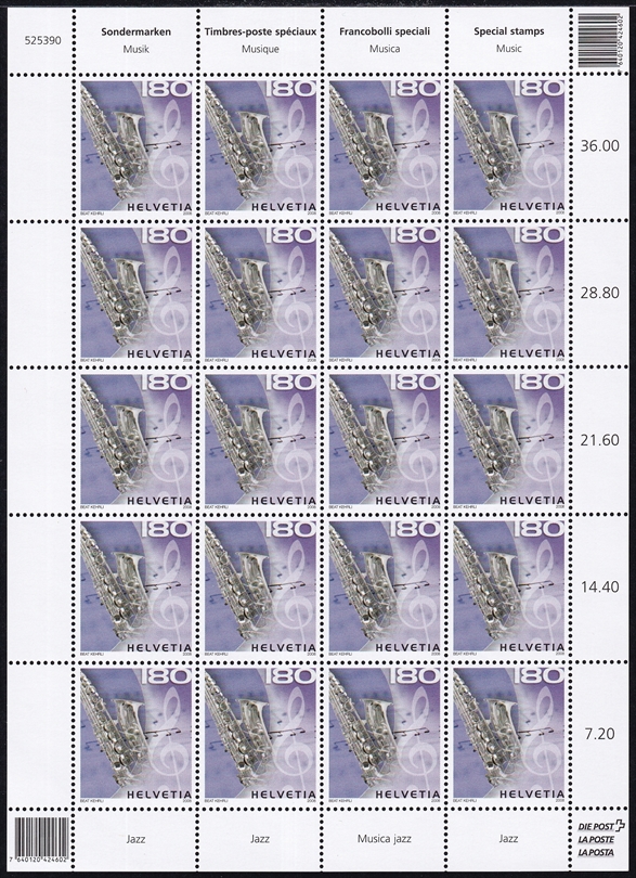 Schweiz 2008 SBK Nr. 1270 "Musik - Jazz" 20er Bogen CHF 1.80er postfrisch zum Frankieren