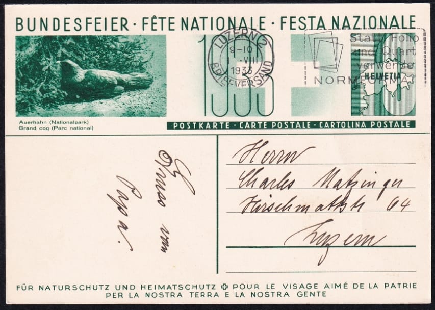 Schweiz Bundesfeierkarten 1933, Steinbock/Auerhahn, gestempelt 1.8. Luzern