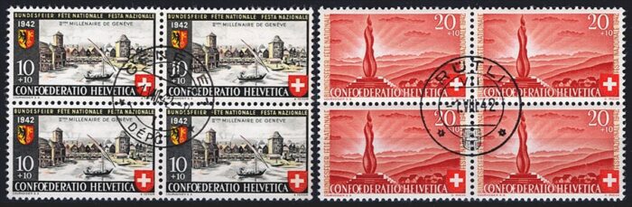 Schweiz, Pro Patria, Viererblöcke, Nr.15-16, Landschaftsbilder, gestempelt GENEVE/RÜTLI